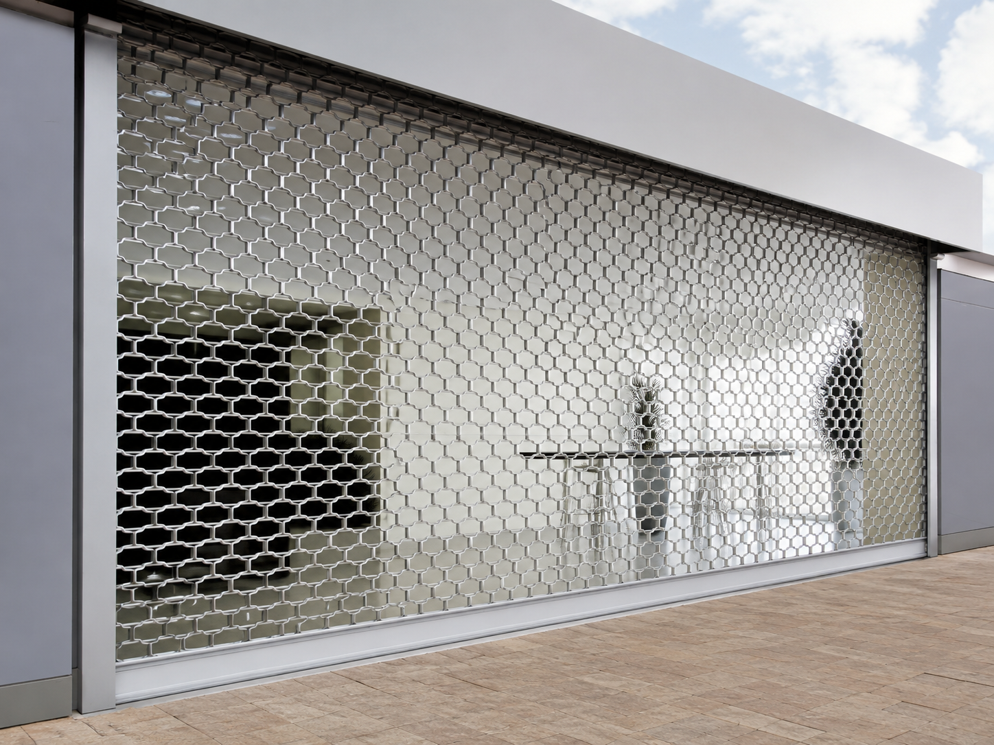 Mesh shutter slat profile and surface finish — corrosion-resistant detail